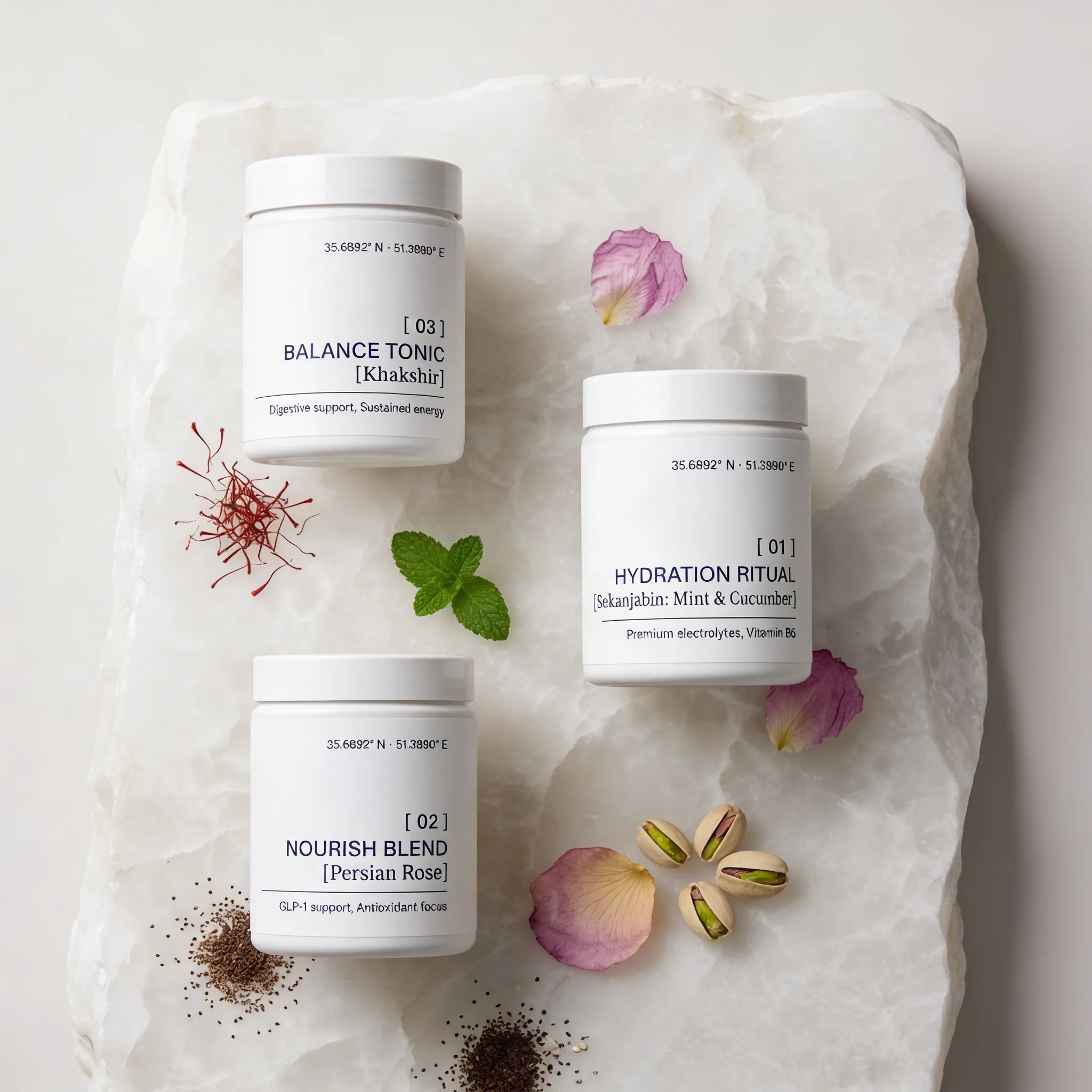 BÂHAM product system including Hydration Ritual, Nourish Blend, and Balance Tonic on a natural stone surface.