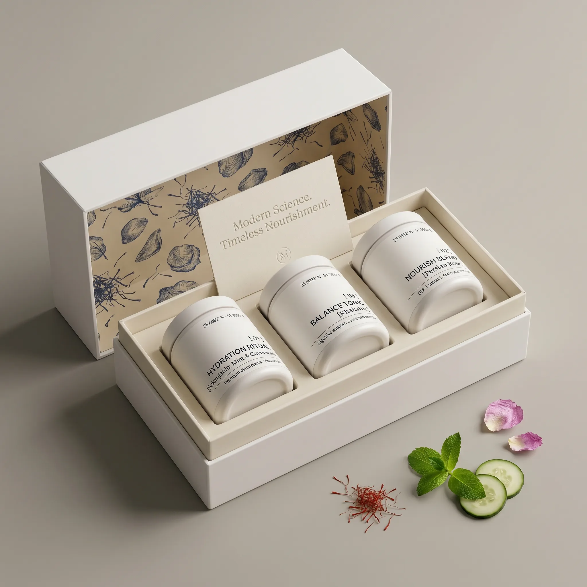 The Protocol — three matte-white containers